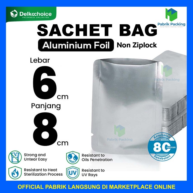 Plastik kemasan sachet full alumunium foil premium sachet saset foil 6x8cm