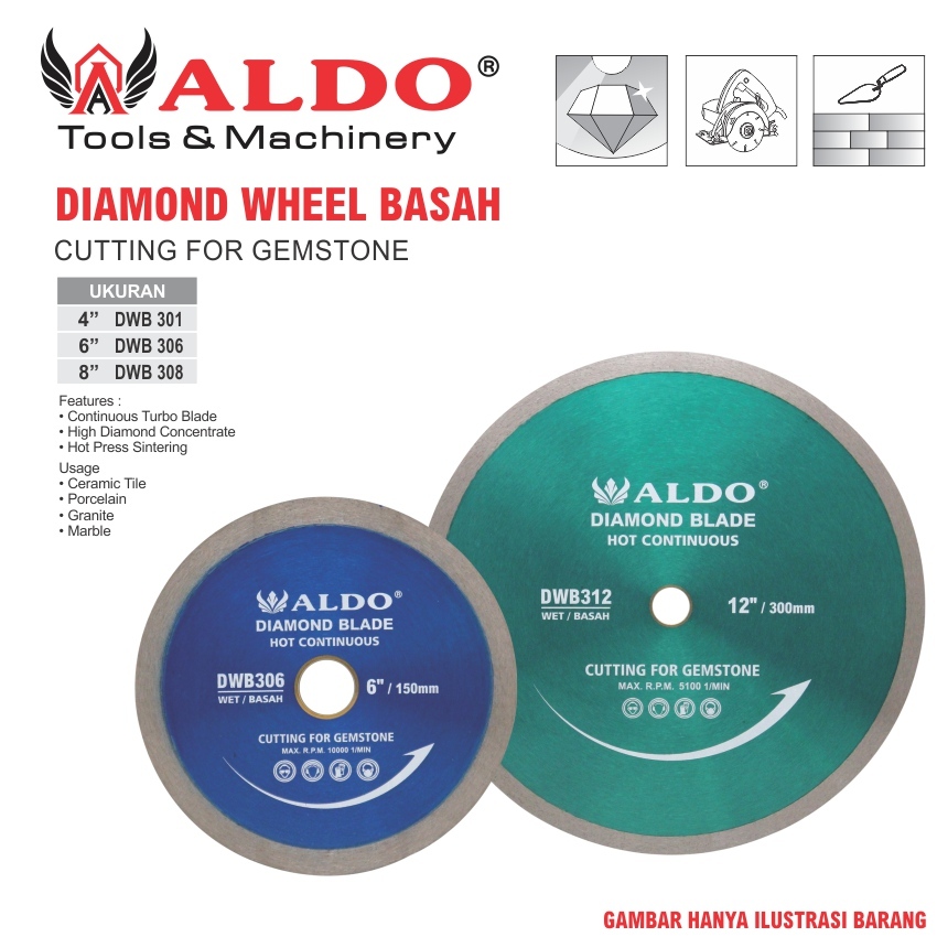 DIAMOND WHEEL BASAH 4" 6" 8" / DIAMOND BLADE BASAH / MATA PISAU POTONG GRANIT MARMER BASAH MERK ALDO