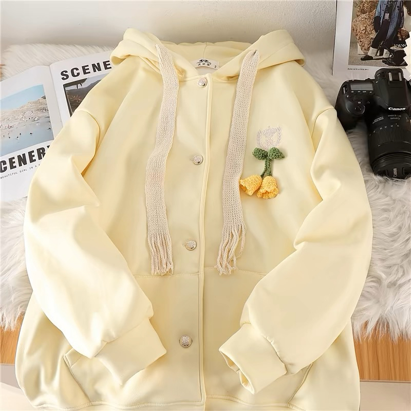 Sunshine Jacket | MILKTEAS | Jaket Hoodie Kuning Pastel Jaket Resleting Wanita Oversize Longgar Baha