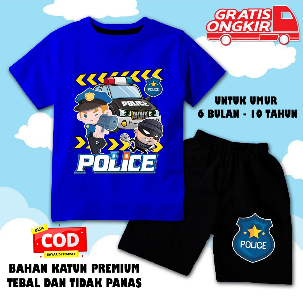 Setelan lengan pendek anak laki laki perempuan kaos pendek anak polisi dtf celana hitam