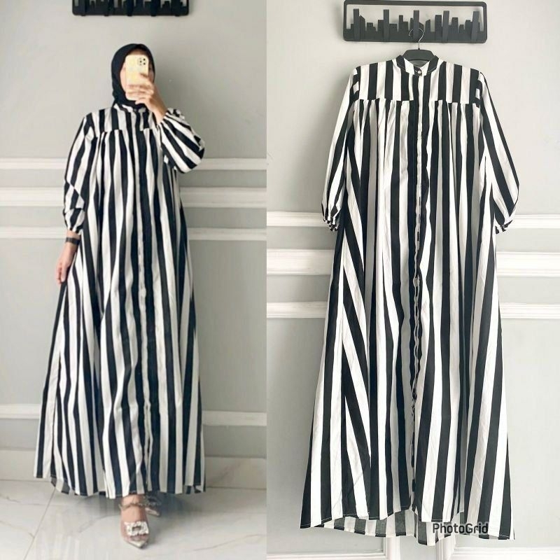 Gamis Motif Salur Viral Rayon Viscose Premium Halus Busui Friendly Dress Rayon Kombinasi Silang