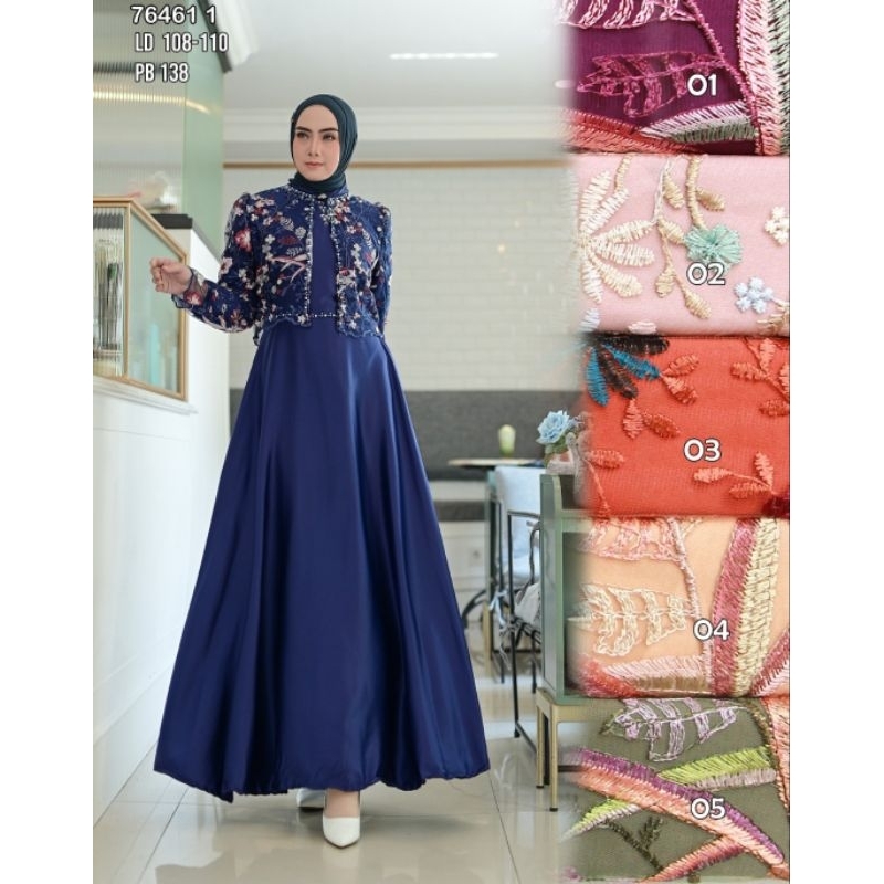 gamis dress Lora  set inner auter bunga bunga mix satin Wanita Muslim Mewah Pesta Kondangan Dewasa M