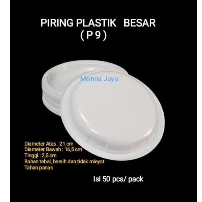 Piring Plastik Putih P9/ Piring Plastik Putih Sekali Pakai Ukuran Besar/ Piring Plastik P9 isi 50 pc