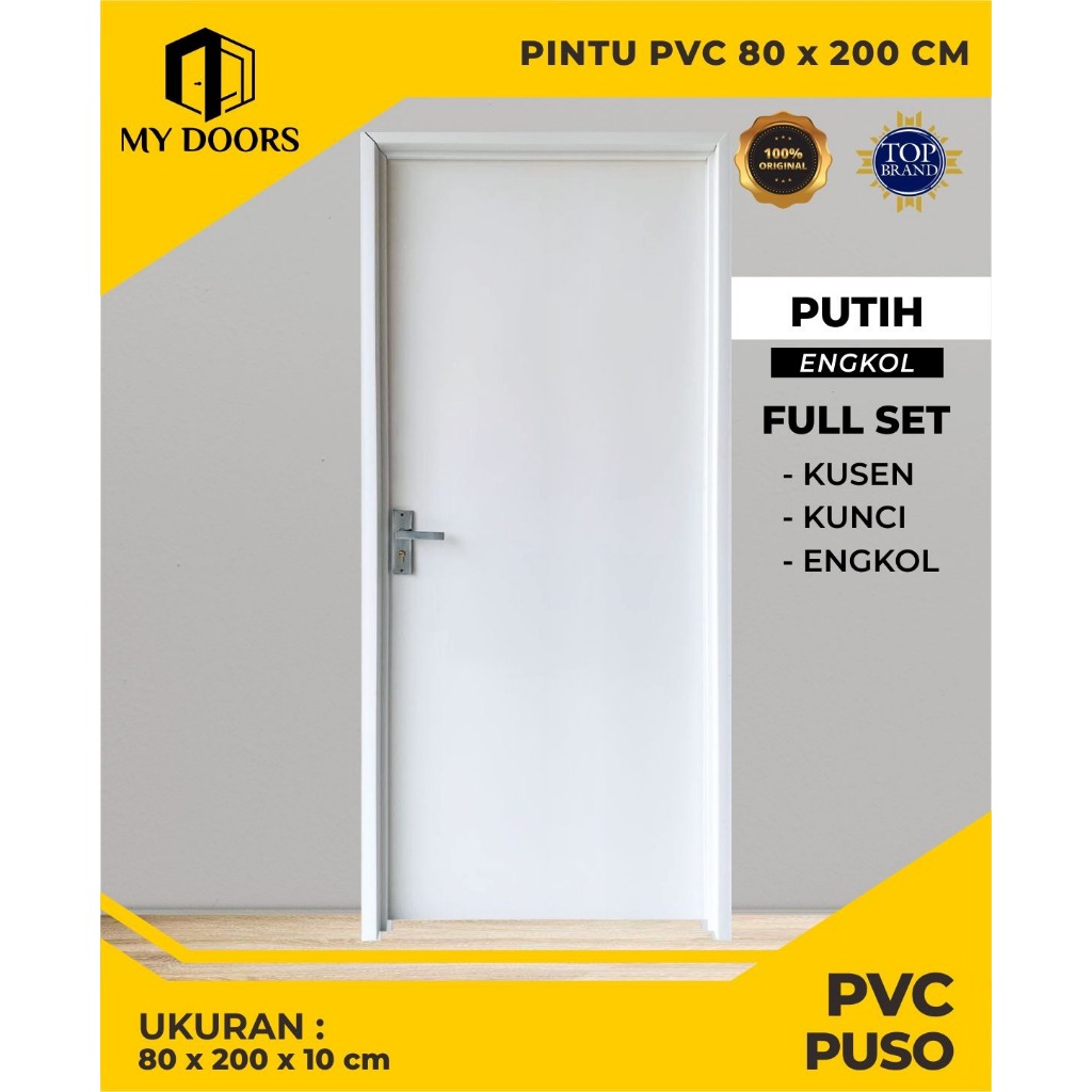 Pintu Kamar Mandi /Kamar Tidur PVC Bahan Tebal 80 x 200 Polos Glosy Putih dan Coklat Dengan Handle