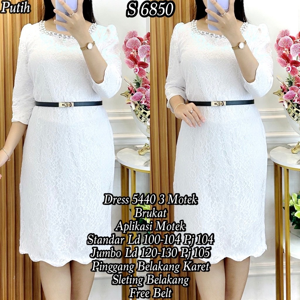 6850 Dress Brukat Span Acc Mutiara Dress Putih Span Free Ikat Pinggang