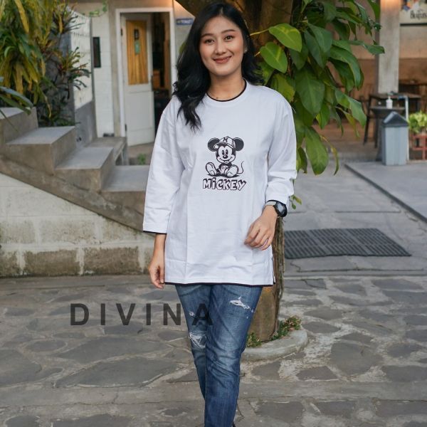 DIVINA-Kaos atasan wanita bermotif lengan 7/8 PUTIH PREMIUM