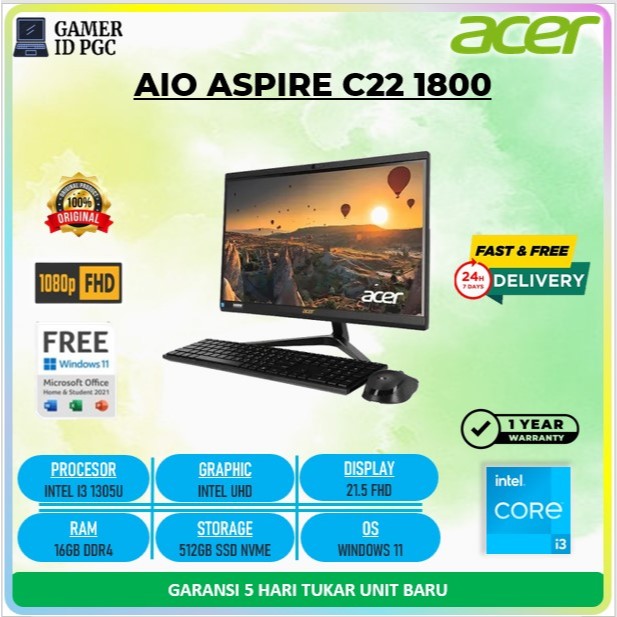PC AIO ACER ASPIRE C22 1800 INTEL I3 1305 16GB 512GB 21.5 FHD WIN 11+ OHS