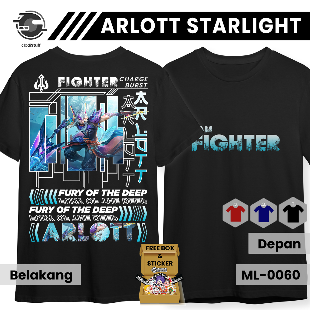 Kaos MLBB ARLOTT STARLIGHT Mobile Legends Lengan Pendek Hitam Combed 24s Fighter ARLOT ML