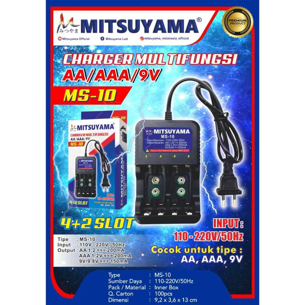 Charger Multi Baterai AA/AAA/9V 4+2 Slot Mitsuyama MS 10/Alat Cas Baterai Original Murah Bagus/ Char