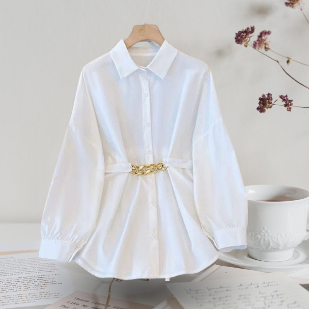 Imelda Baju Atasan Wanita Kekinian Motif Polos Rantai Tali Pinggang Bahan Cringkel Airflow