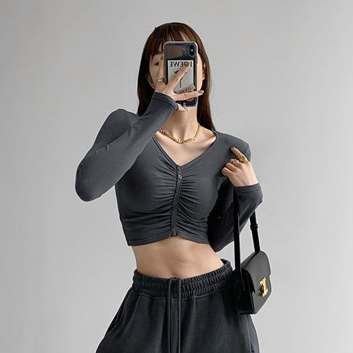 CLICKBRA | BJ1691 Baju Atasan Kaos CropTop Knit Kancing Depan Serut Lengan Panjang Wanita Sexy Korea
