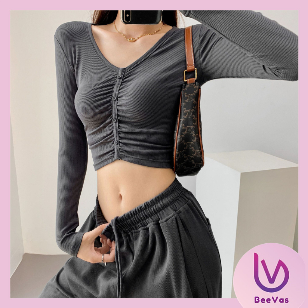 BV.ID BJ1691 Baju Croptop Kancing Depan Kaos CropTop Sexy Knit Serut Atasan Lengan Panjang Wanita