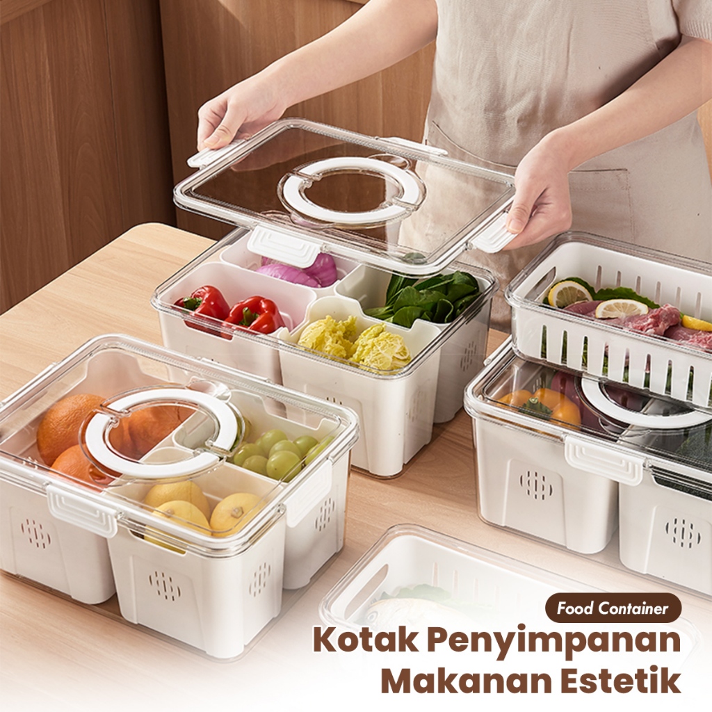 COD Kotak Penyimpanan Cabe Bawang Sayuran 4 Sekat dengan Saringan / Wadah Penyimpanan Kulkas 4 Sekat