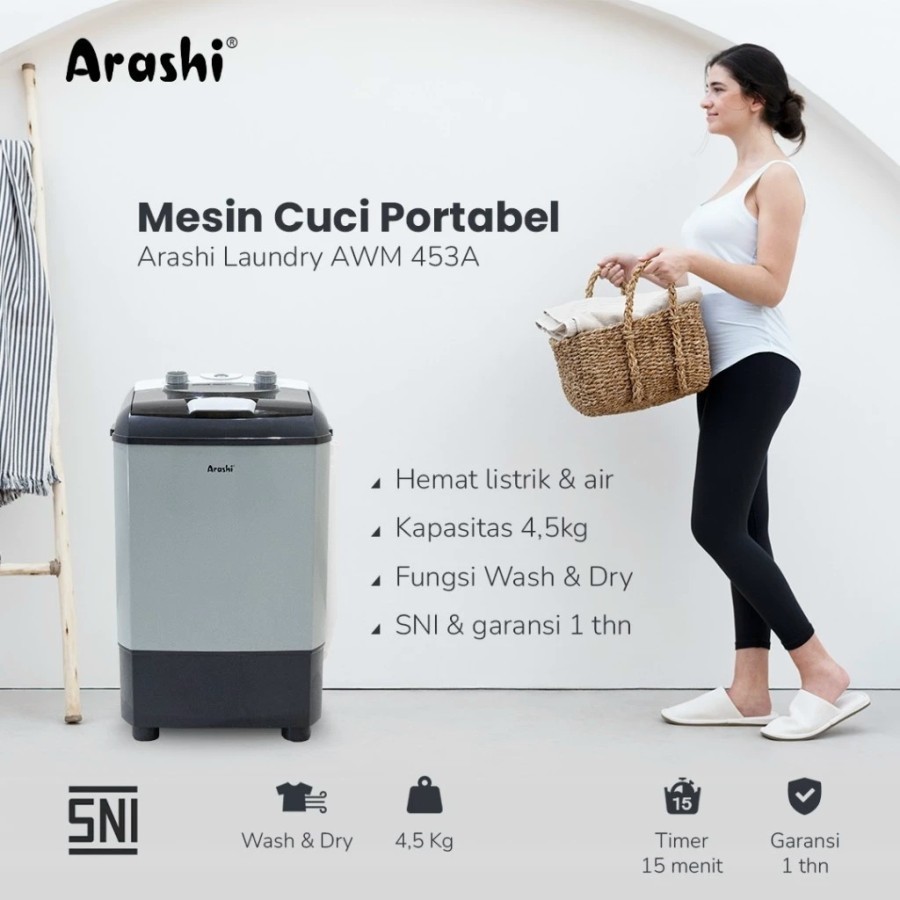 Arashi Mesin Cuci Portable AWM 453 A 453A 4,5 kg Mesin Cuci dan Pengering