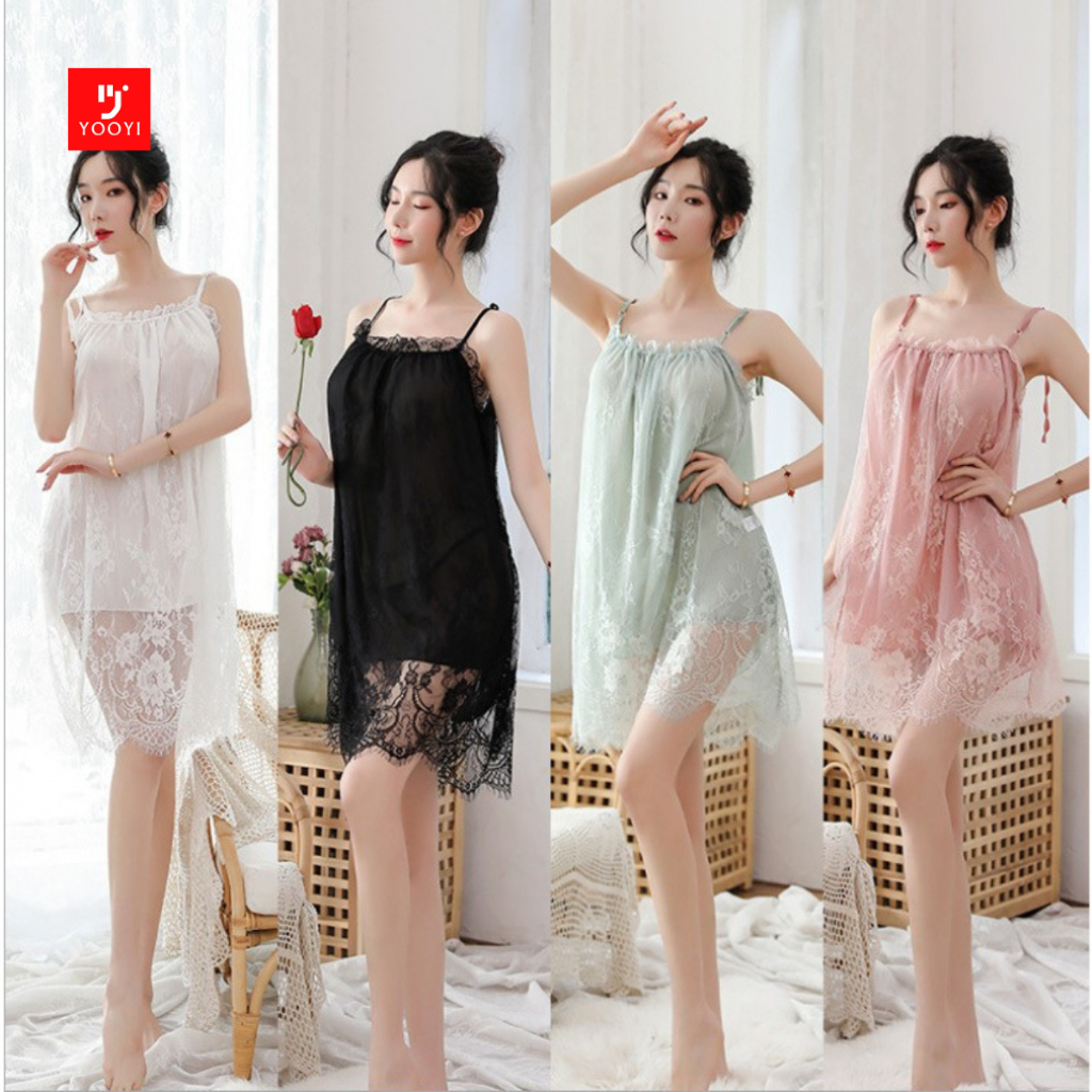 Yooyi Baju Tidur Daster Piyama Wanita Set Lace Tanpa Lengan Lingerie Korea Sexy Mini Dress Women