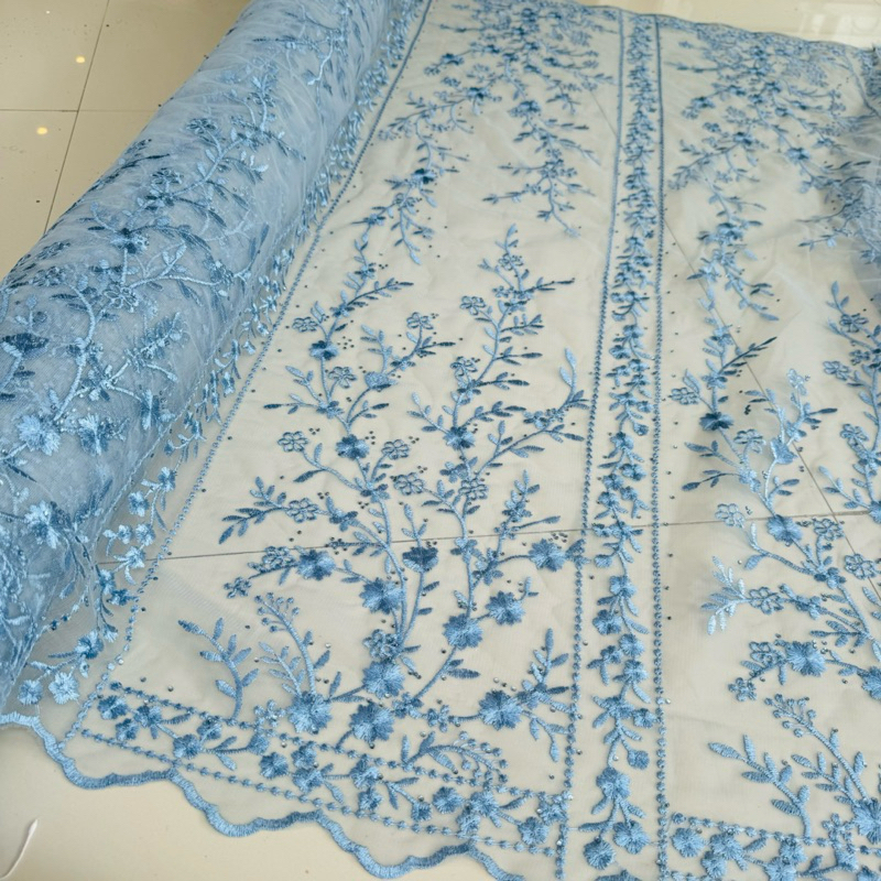 Kain tulle bordir bunga senada motif kotak denim dan burgundy (harga persetengah meter)