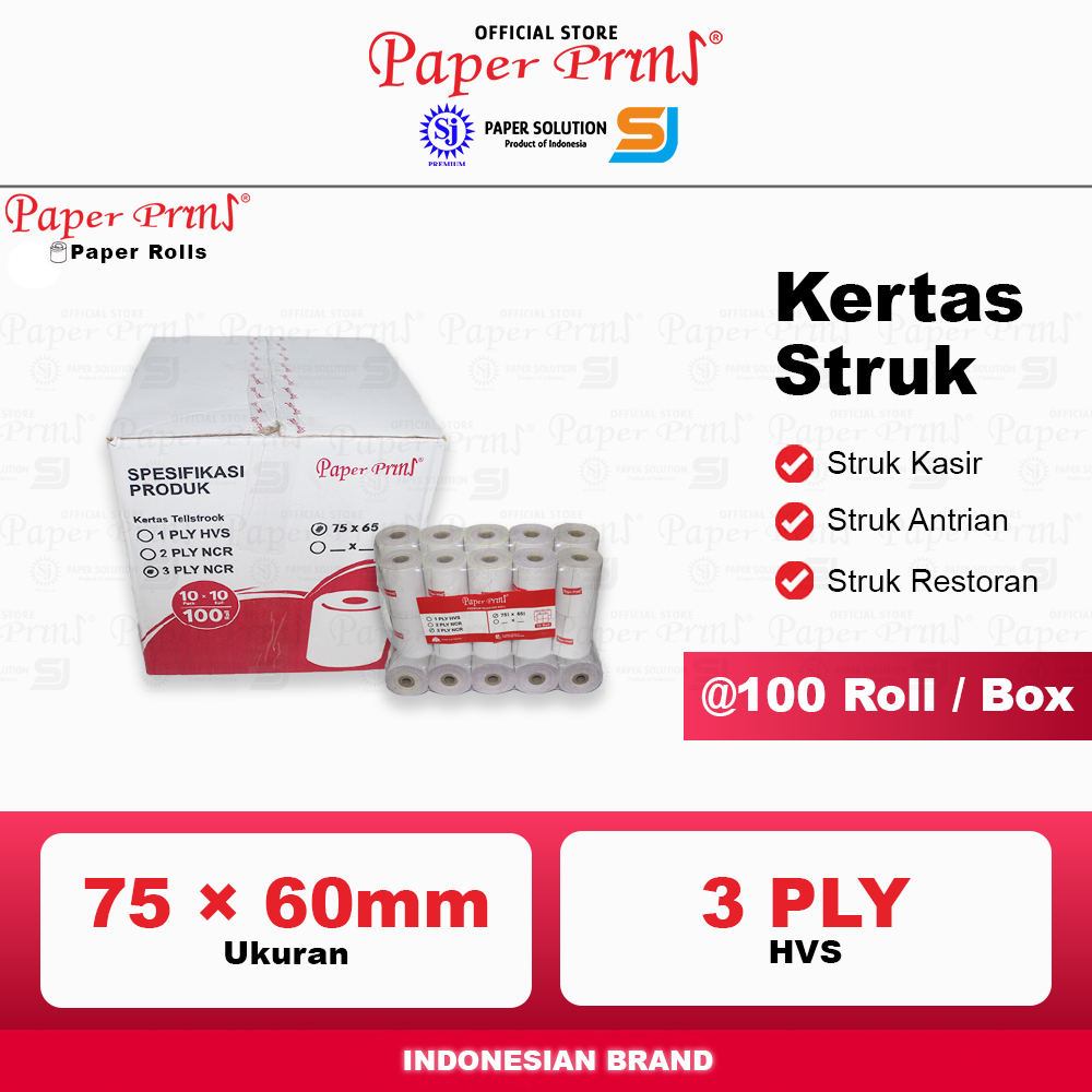 

Kertas Struk Kasir Register Roll NCR Paperpryns 3PLY 75 x 60mm (1 Box isi 100 Roll)