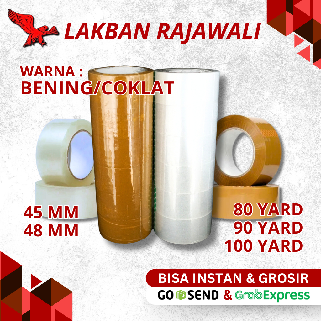 

Lakban bening & coklat, lakban packing 45mm & 48mm. Panjang 80 yard, 90 yard, 100 yard