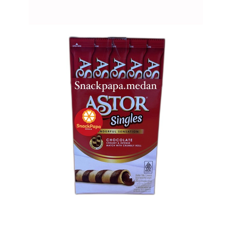 

ASTOR SINGLES WAFER STIK COKELAT @14G X 20 BUNGKUS / ASTOR SINGLES CHOCOLATE ROLL WAFER KEMASAN BARU