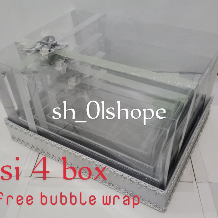 

SPESIAL DISCOUNT Kotak Hantaran Pernikahan mika pita silang 1 set isi 4 box ukuran JUMBO