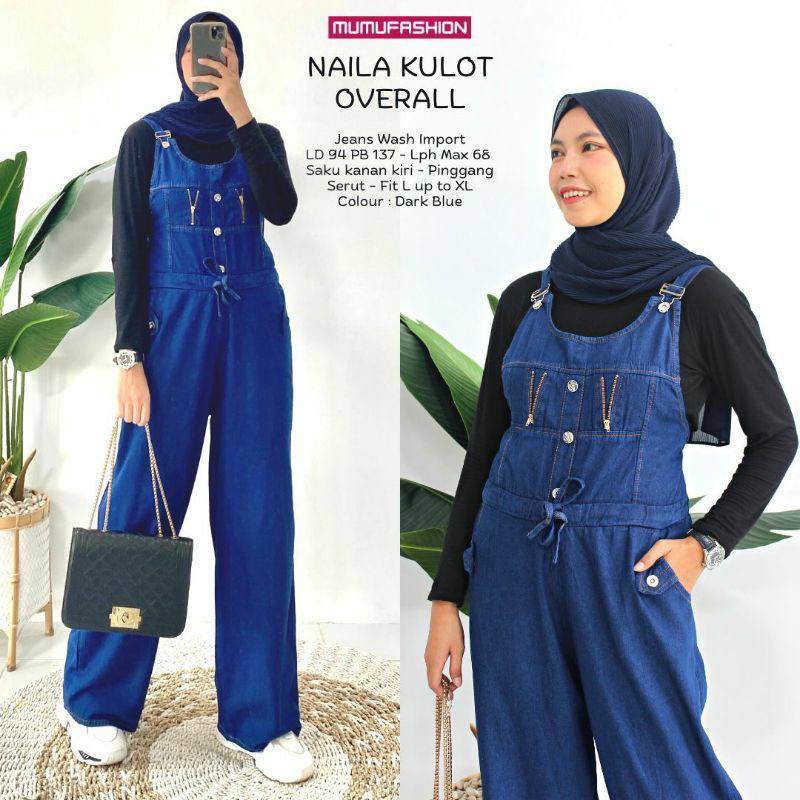 Naila Overall Kulot Jeans Wanita Celana Kodok Jumpsuit Denim Polos Zipper Terbaru