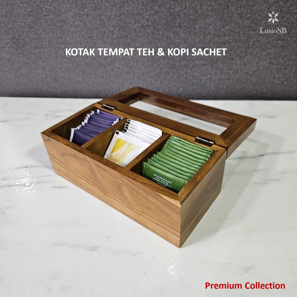 LUSIOSB KOTAK TEMPAT TEH SACHET KAYU JATI TEA ORGANIZER