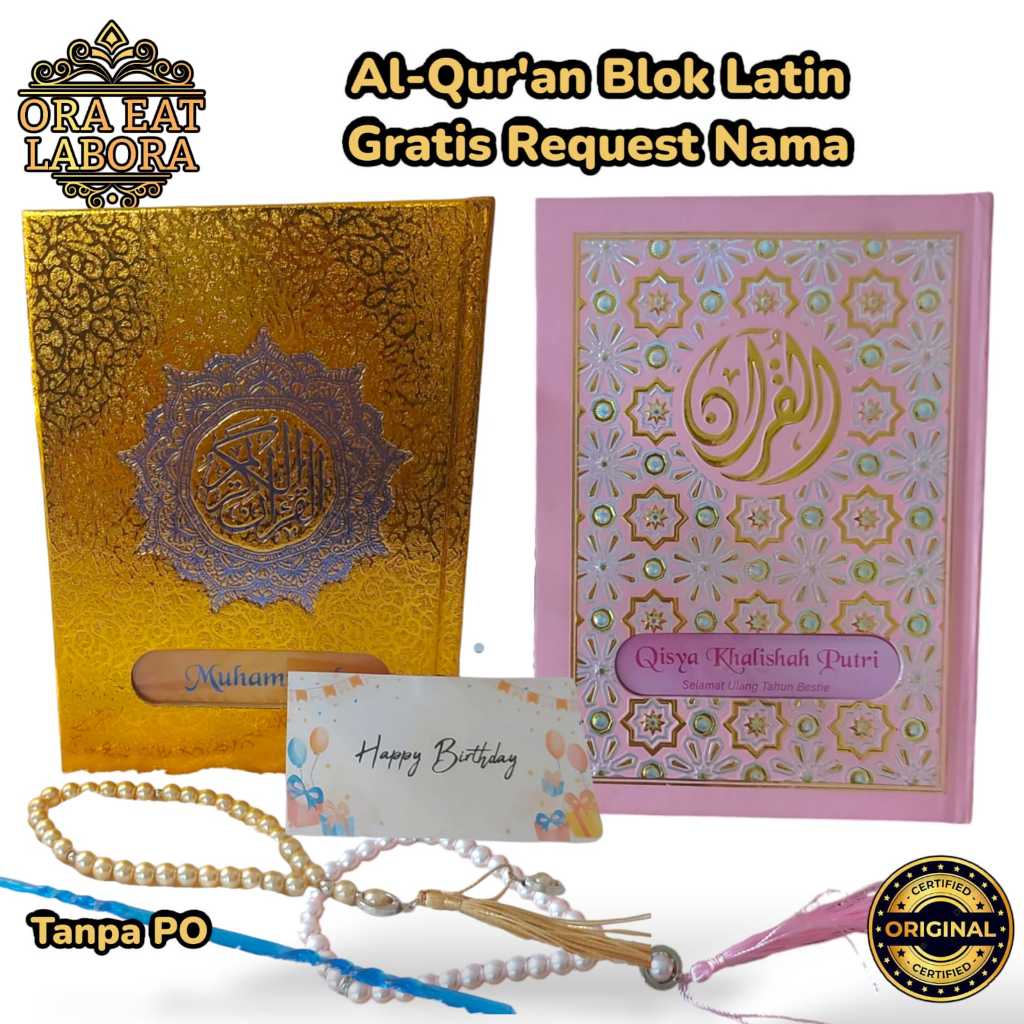 Al-Quran A5 Blok Warna Cover Emas & Hologram Pink Biru Gratis Custom Nama Terjemah Latin Free Tasbih