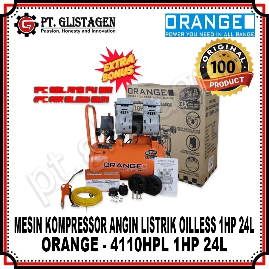 ORANGE 4110HPL-24L Mesin Kompresor Angin Listrik Oilles Silent 1 HP 24 L