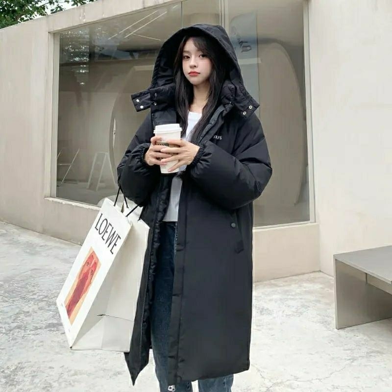 Jaket Musim Dingin Panjang Wanita - Parka Tebal Hoodie Hitam Korean Style