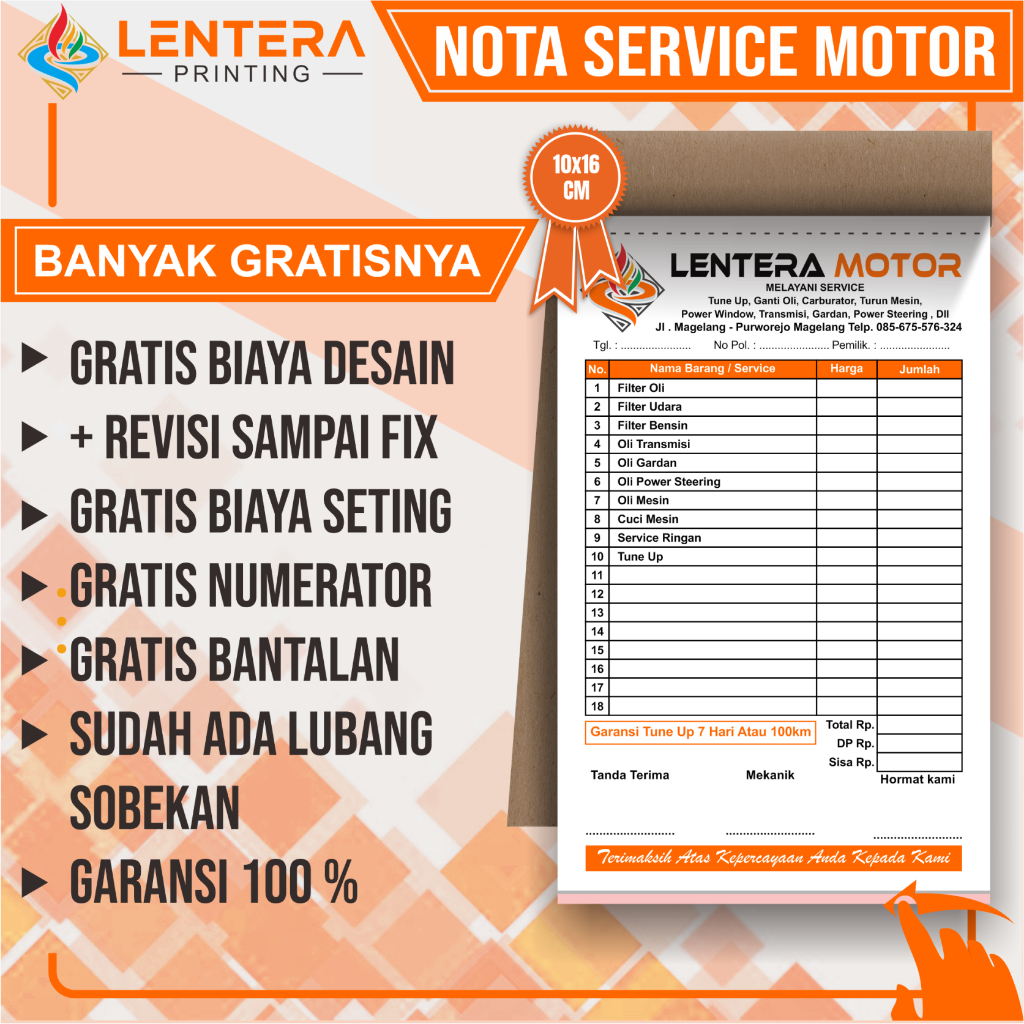 

Nota Service Motor Bengkel, Accesorie dll 10x16cm Custom