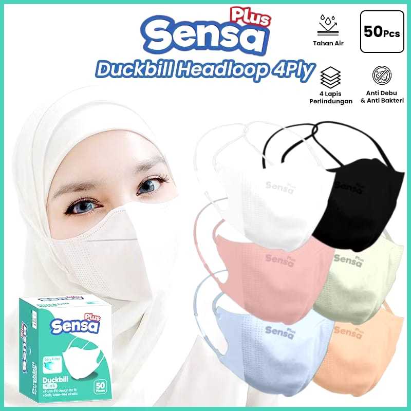 HWLB MASKER DUCKBILL HIJAB HEADLOOP HITAM PUTIH SENSA JILBAB 4PLY | isi 50 | disposable