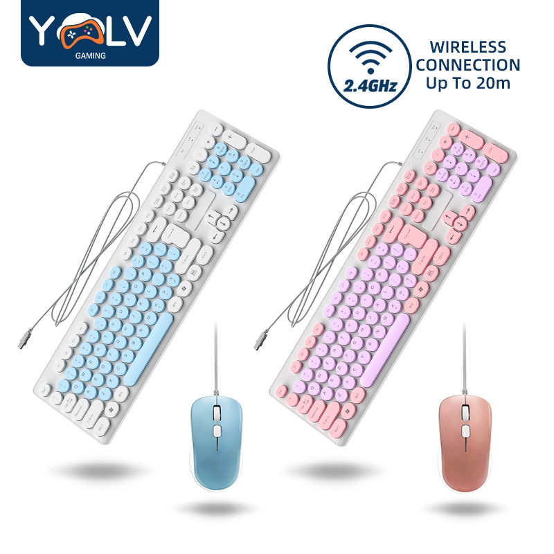 YLV Keyboard & Mouse Set USB Full Size Tuts Bulat Cute Macarons untuk PC Laptop