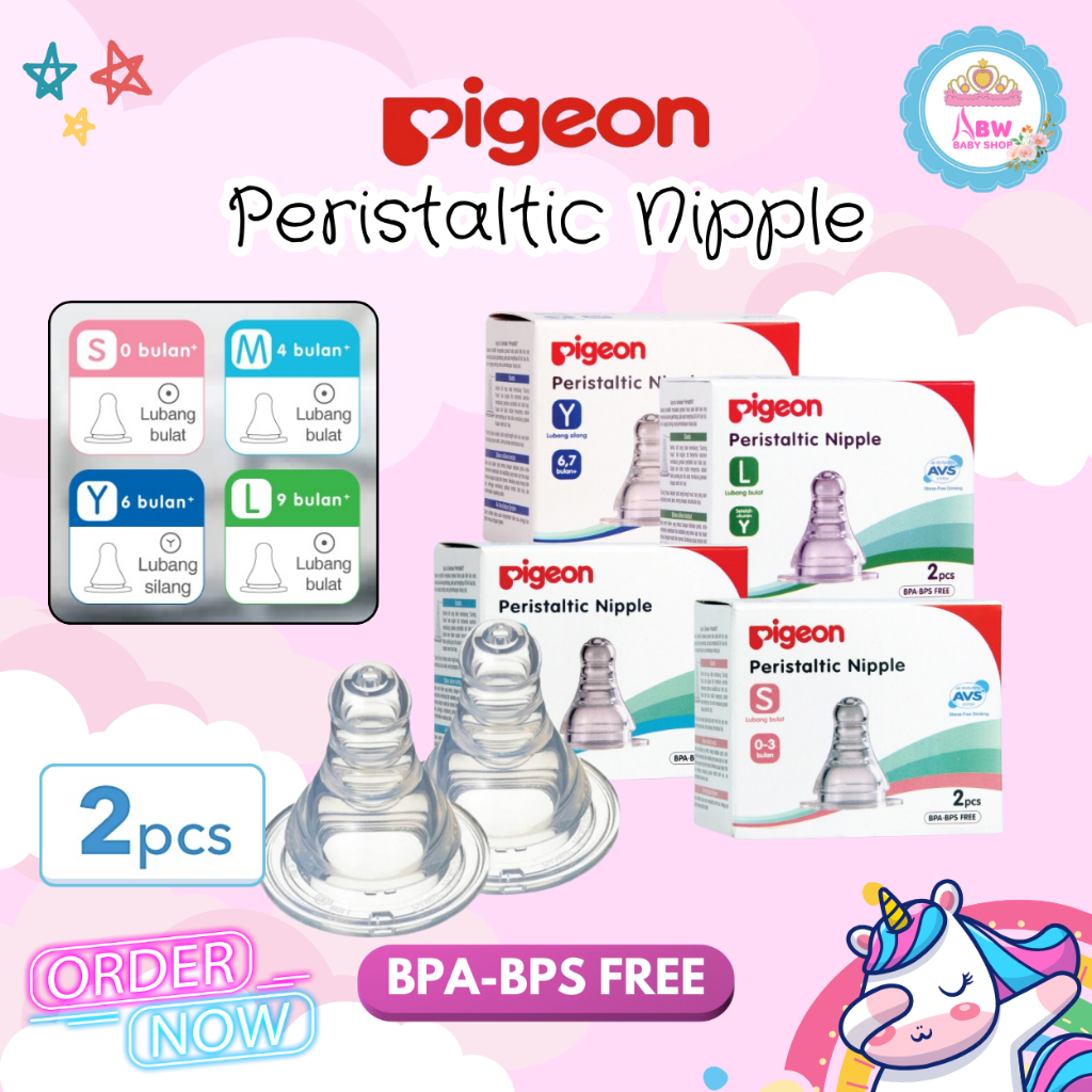 PIGEON Peristaltic Nipple Box Isi 2 Pcs Slim Neck Size S M Y L Dot Bayi BPA FREE FOOD CONTACT GRADE