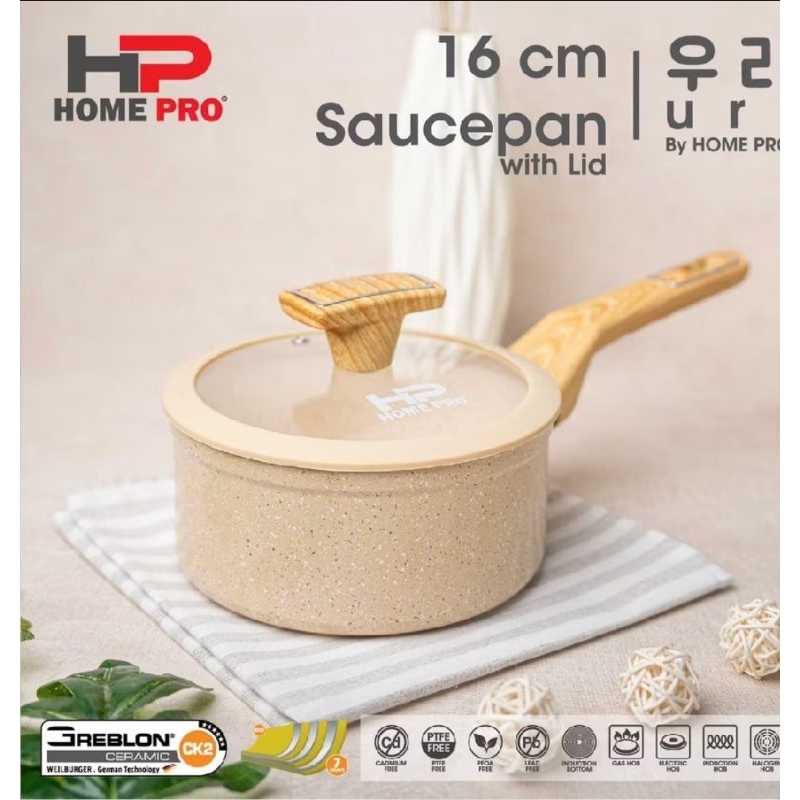 Home Pro Uri Series Granite Ceramic Saucepan 16 cm Whit Lid Panci Susu Anti Lengket Milk Pot