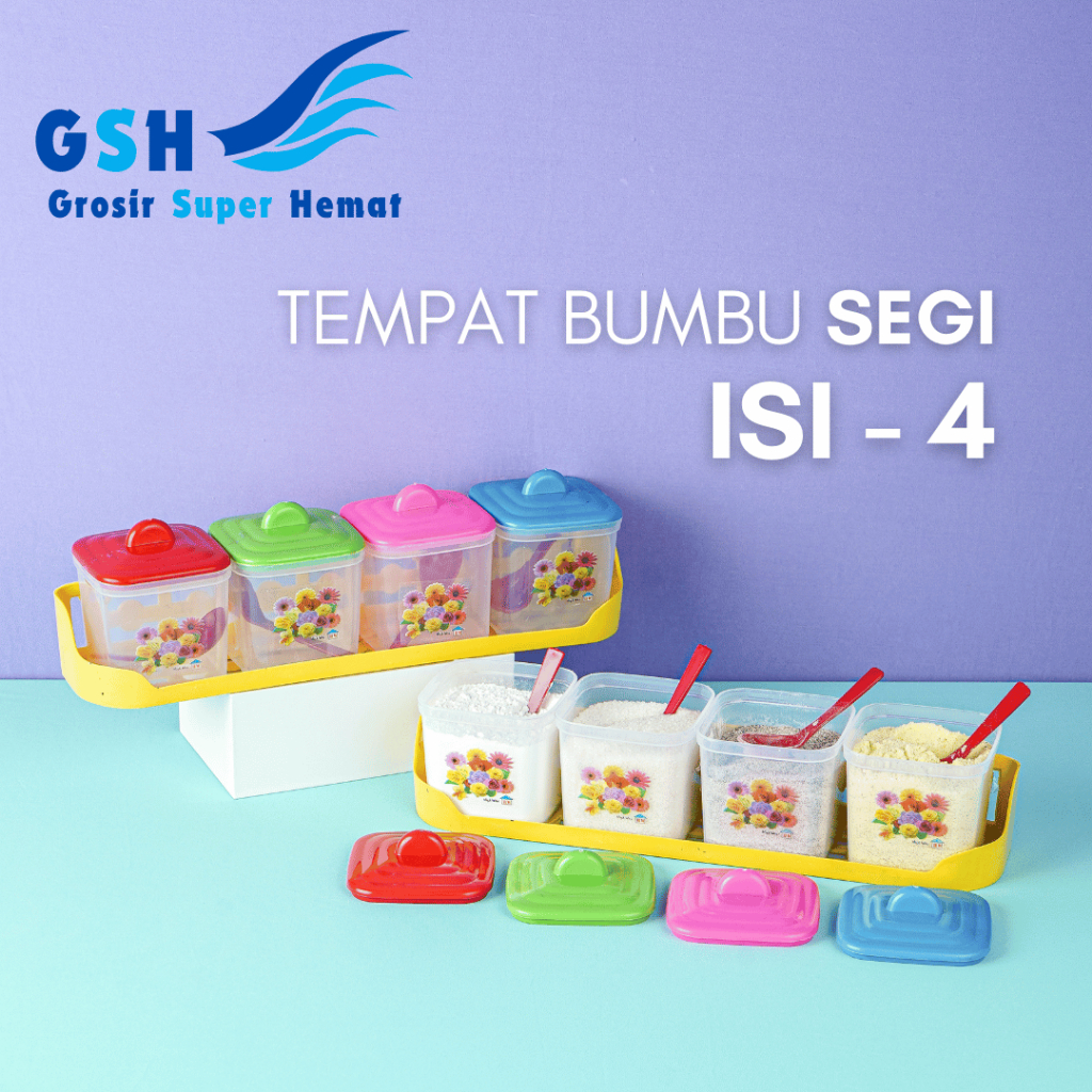 GSH - Tempat Bumbu Segi Set Isi 4 High Way Rak Tempat Bumbu Dapur Toples Plastik Tebal Wadah Garam G
