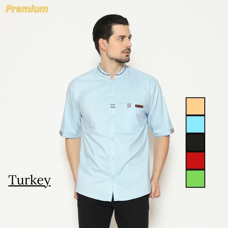 Baju Koko Kurta Premium Asakhi Lengan Pendek Motif Kurta Turkey Warna Biru Wardah