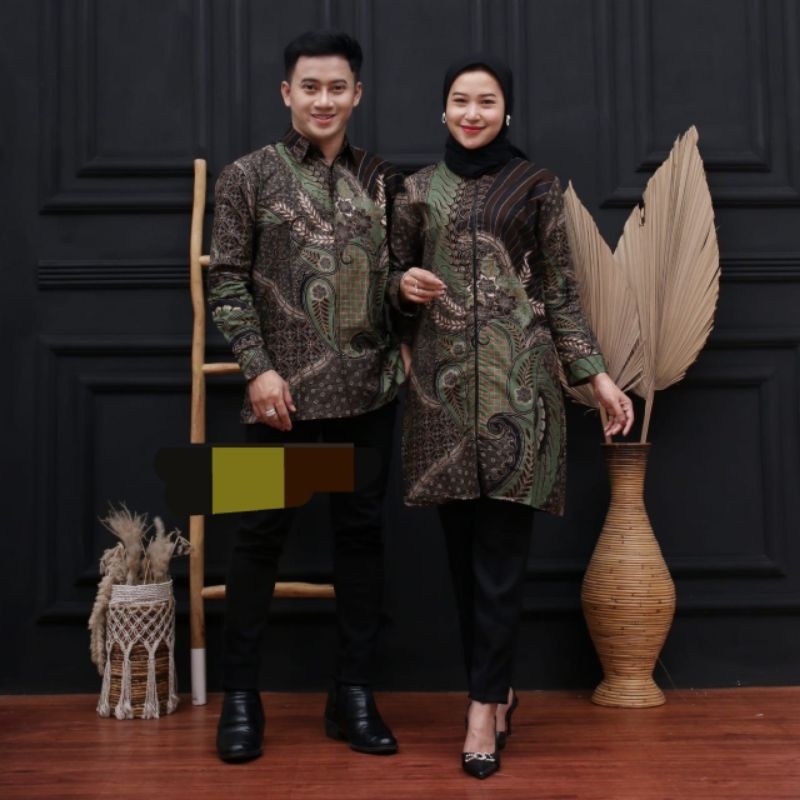 Couple Kemeja Batik dan Tunik/Dress dan Kemeja Anak Laki - Laki Warna Hijau Sage