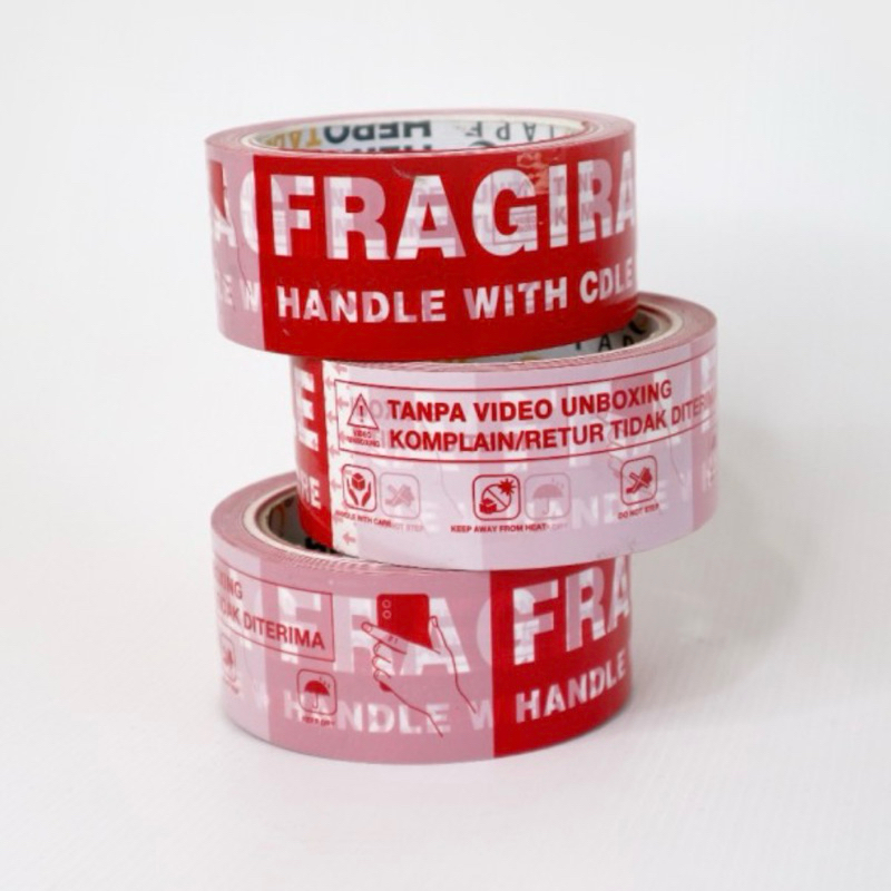 

Lakban FRAGILE 55 yards 45mm tebal 50 micron asli harga murah ekonomis packing kemasan kardus box karton