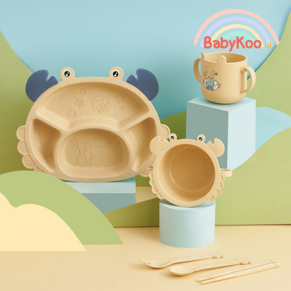 Set Piring Makan Anak Lucu Bentuk Crab / Karakter Crab/Kepiting - (Piring + Sendok + Garpu + Sumpit)