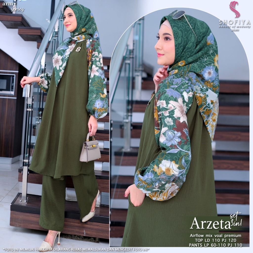 arzeta one set 3in1 setelan stelan 1set setcel baju atasan tunik tunic hijab celana kulot wanita cew