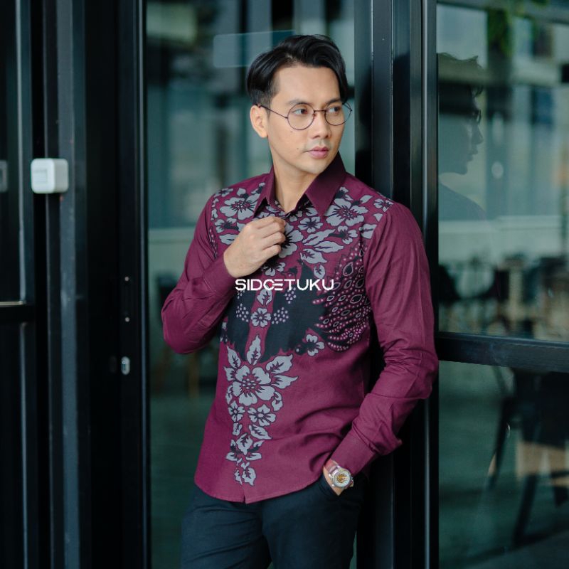 ARUTALLA BURGUNDY MAROON kemeja batik slim fit pria lapis furing modern