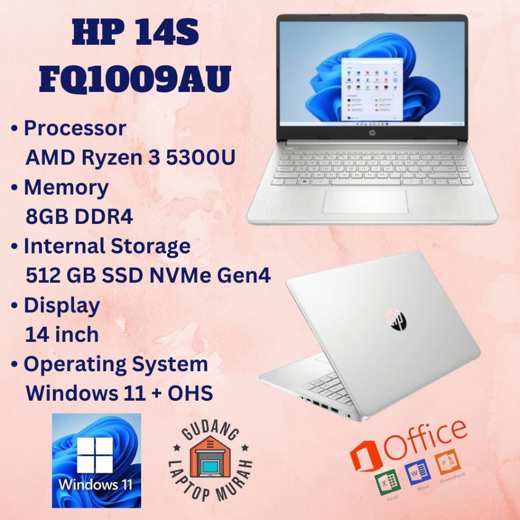 LAPTOP HP 14S FQ1009AU Ryzen 3 5300U 8GB 512GB WIN 11+OHS 14" FHD IPS