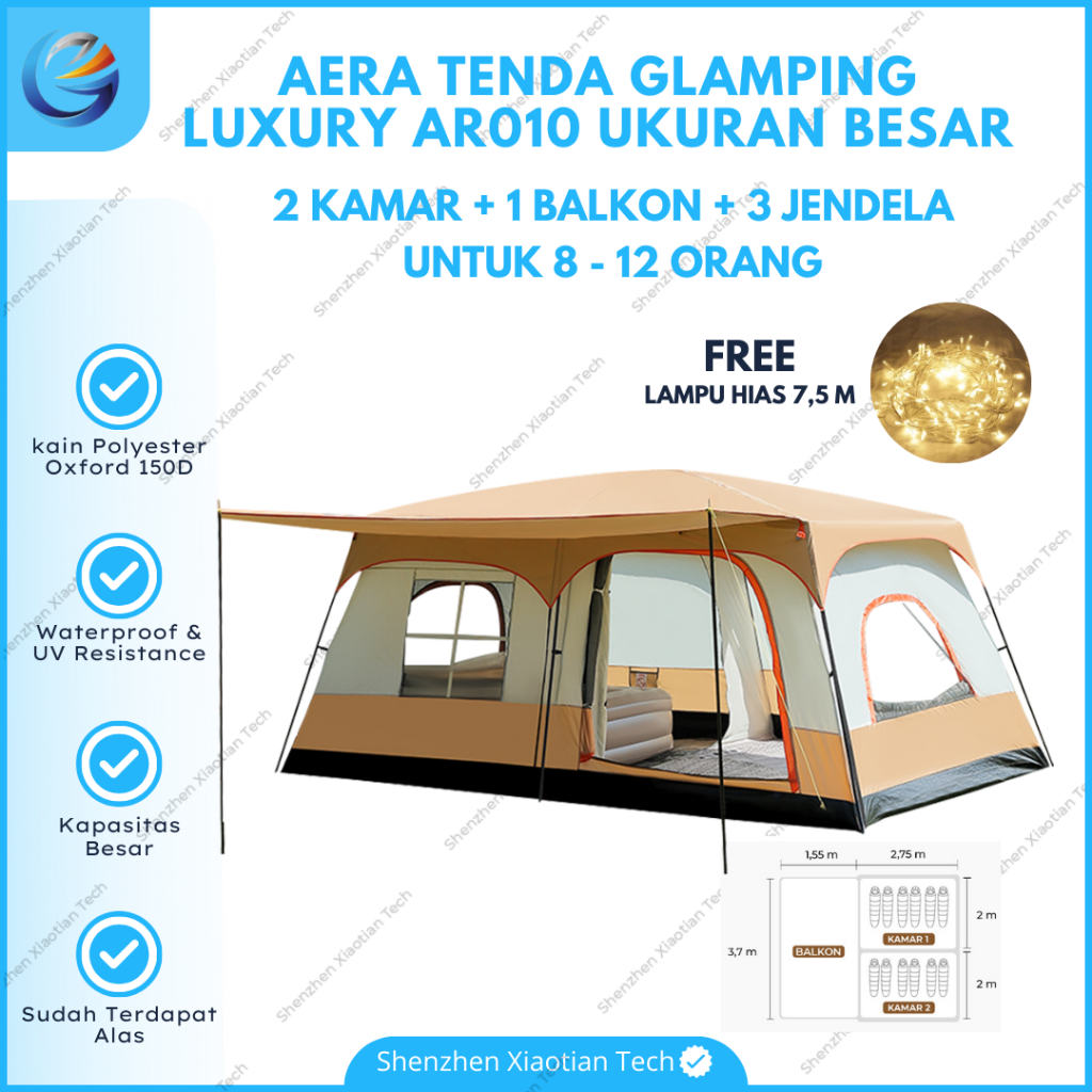 Tenda Camping Luxury Besar 8-12 Orang | Tenda Glamping Luxury 2 Ruangan | Tenda Camping Keluarga Dou