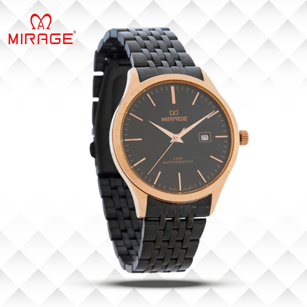 Mirage Jam Tangan Pria Analog 8738 M Black Rose Gold Original Stainless