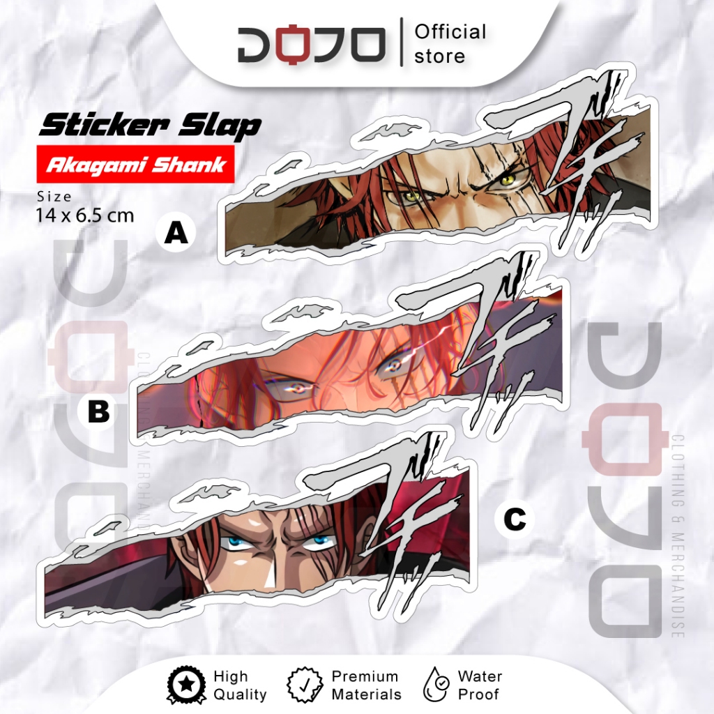 

Sticker VINYL anime One Piece Akagami Shank Warning motor mobil notebook binder laptop pc gaming JDM slap eyes murah bisa mirror semua karakter all character raiden shogun yae miko furina yelan nahida hu tao klee eula ganyu nilou kirara ayaka mona keqing