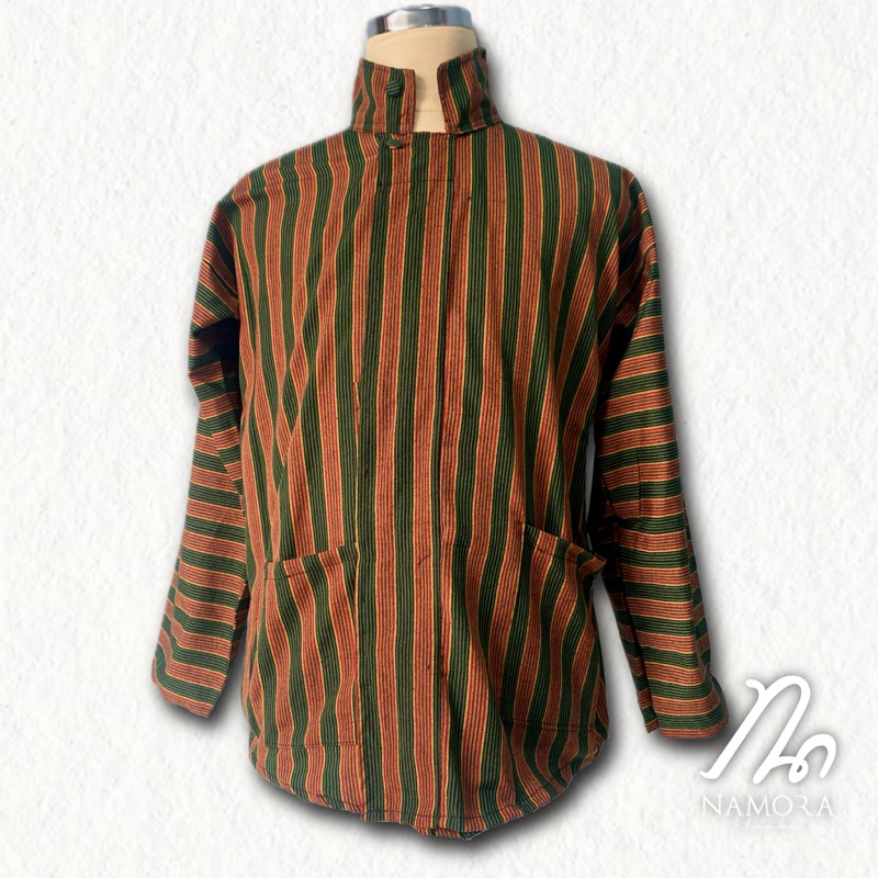 Baju Surjan Lurik Pakaian Adat Jawa Atasan Lengan Panjang Pria Dewasa Hijau Lurik Besar