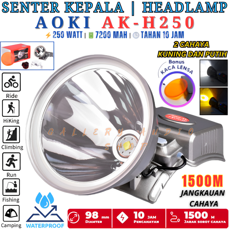 Senter Kepala Jumbo LED AOKI AK-H250 Waterproof 250W | Senter Kepala Anti Air 250Watt Senter Sorot L