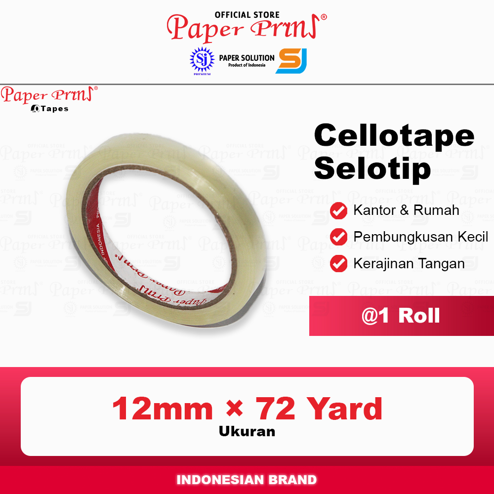 

Selotip Cellotape Bening 1/2 inch Paperpryns 12mm x 72 yard (@1 Roll)