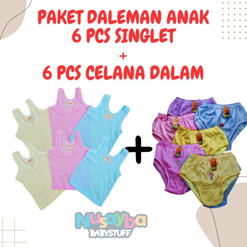 PAKET HEMAT 6 PCS SINGLET ANAK WARNA + 6 PCS CELANA DALAM ANAK PEREMPUAN USIA 0-6 TAHUN / SINGLET BA