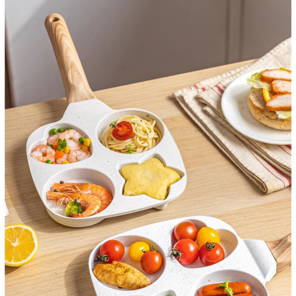 Wajan datar multi-fungsi, artefak telur goreng empat lubang, wajan anti lengket, wajan sarapan